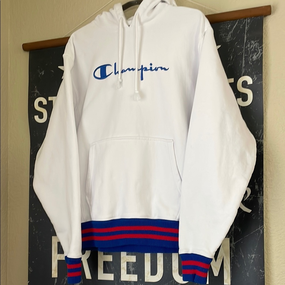 Champion White Hoodie with Blue and Red Accents